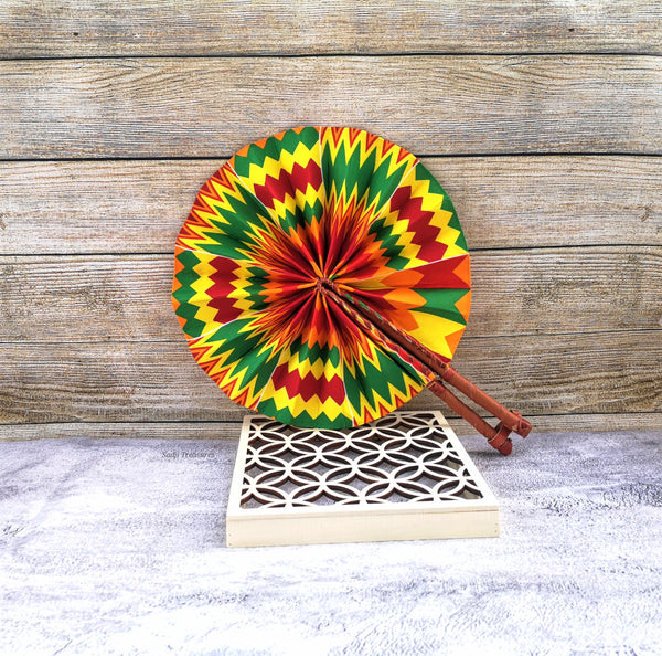 Yellow/Green Kente and Leather Handmade Fan