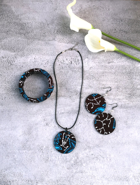 COFFEE AND BLUE PRINT ANKARA NECKLACE EARRING AND BANGLE SET