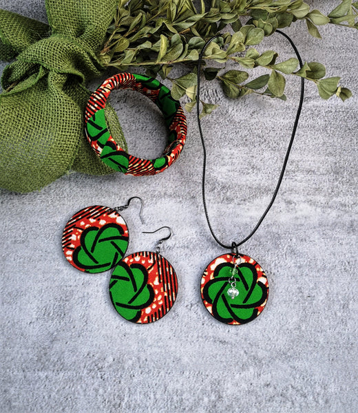 GREEN FLOWER ANKARA CRYSTAL NECKLACE EARRING AND BANGLE SET